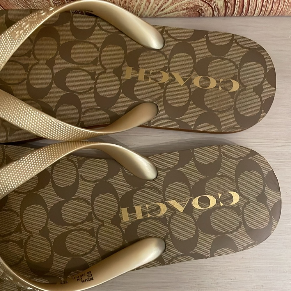 COACH Women's Gold Logo Flip Flop Sandals - Picture 7 of 11